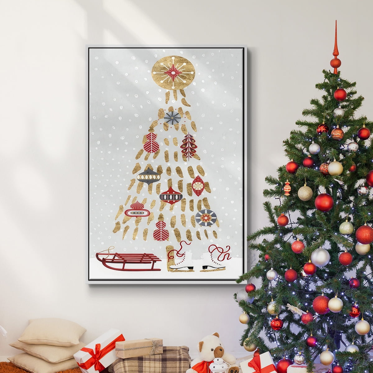 Christmas Chalet Collection B - Framed Gallery Wrapped Holiday Canvas - 17 x 25 - White Frame