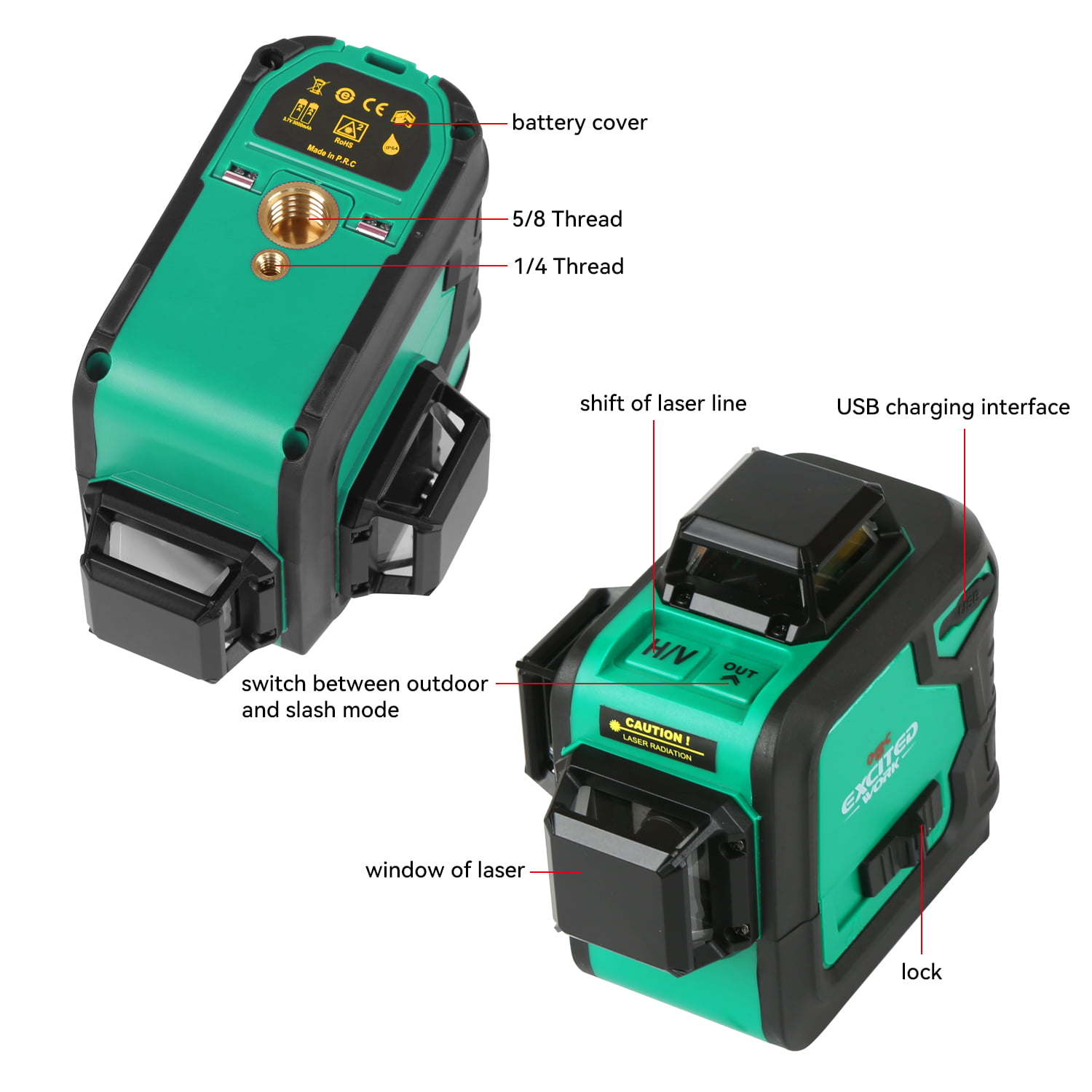 Excited Work 12 Lines Laser Leevl Self Leveling 3x360°, 3D Green Cross Line  for Construction and Wallpaper/Flooring, Rechargeable Li-io（並行輸入品）  その他DIY、業務、産業用品