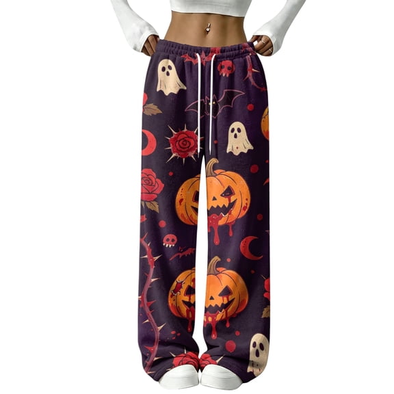 WULMLEO Women Halloween Pumpkin Ghost Print Wide Leg Sweatpants, Elastic Drawstring High Waist Casual Trousers, Spooky Gothic All‑Over Graphic Loose Fit Holiday Pants With Side Pockets Orange M