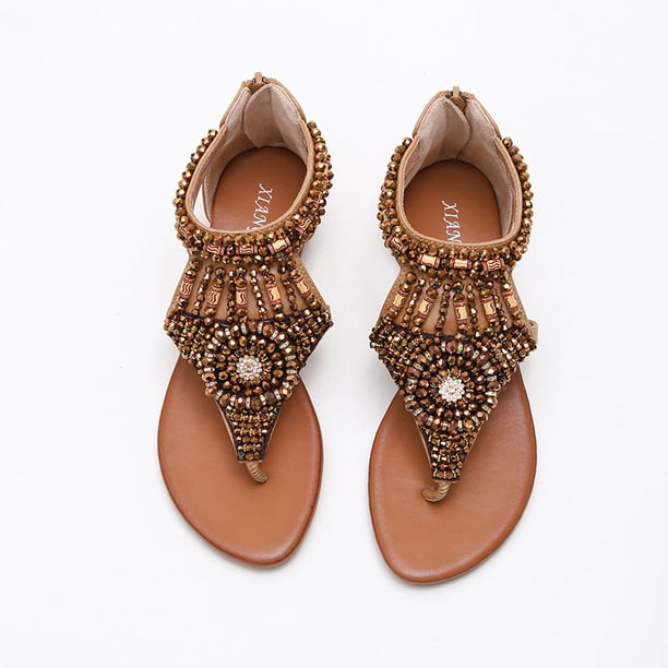 Sandalias con correa en T con cuentas estilo bohemio para mujer: puntera abierta, cremallera trasera y diseño de tanga para una elegante apariencia de playa.