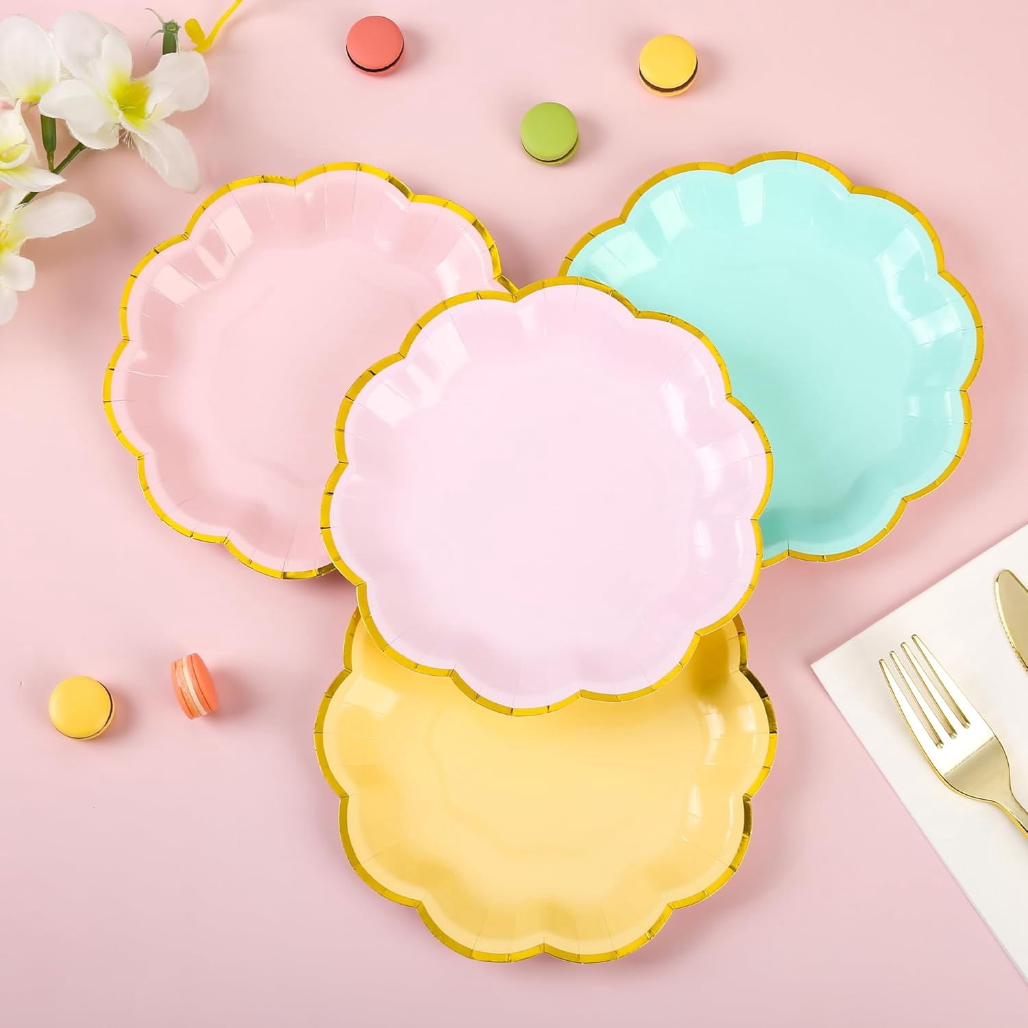 48 Pcs Pastel Scalloped Paper Plates 7 Inch Disposable Macaron Colorful Dessert Plates with Gold Edge Gradient Rainbow Party Supplies for Wedding Birthday Baby Shower Bridal Summer Decorations