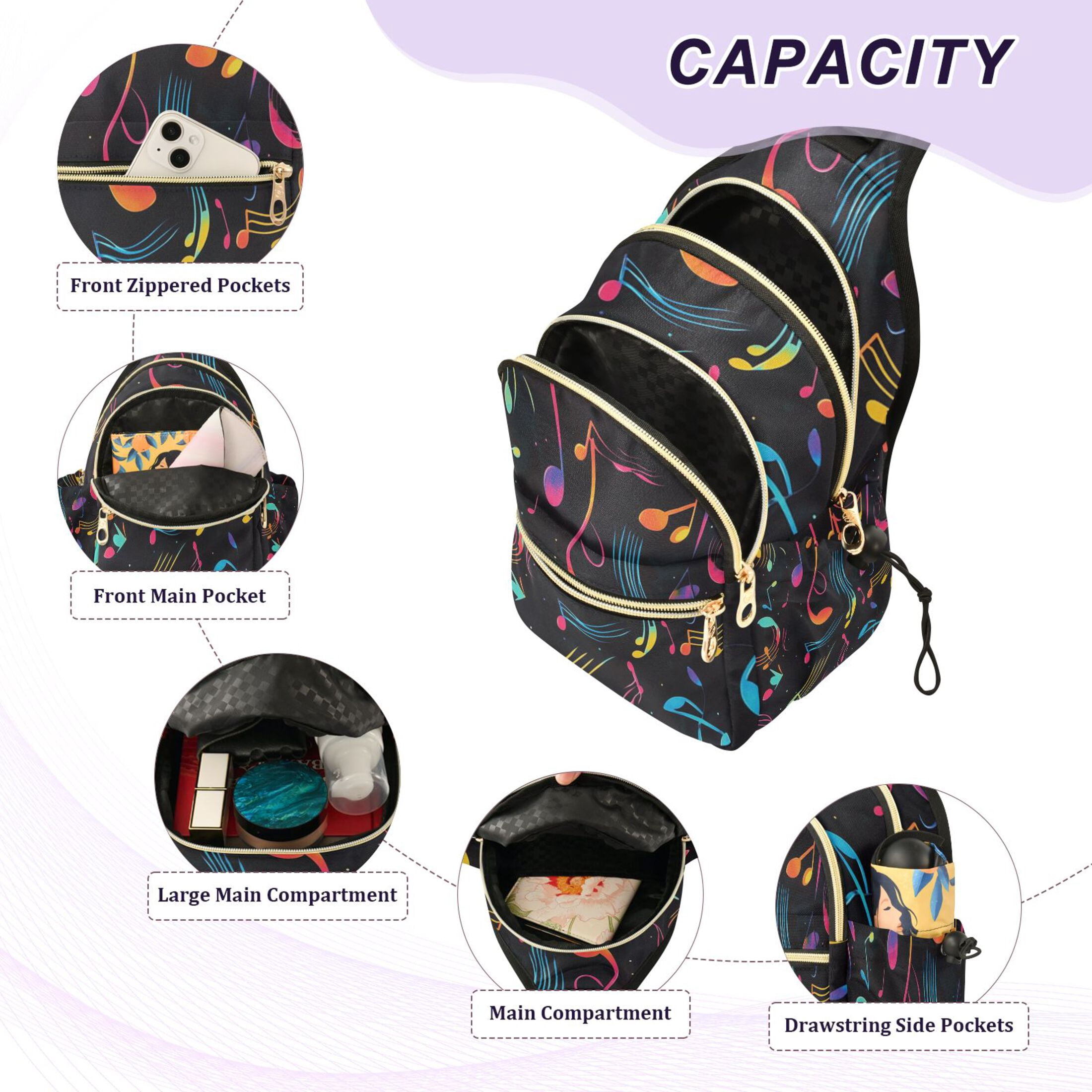 Crossbody Sling Bag for Women Shoulder Purse Trendy Daypack with Adjustable Strap Musical Notes and Waves Pattern