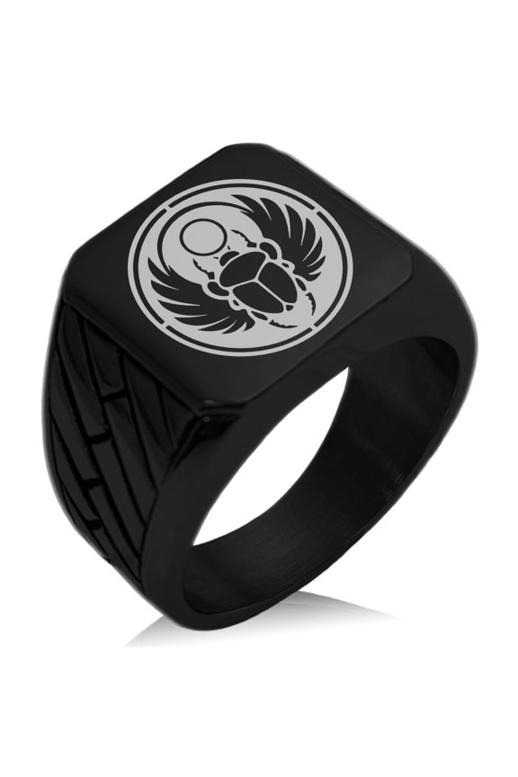 Stainless Steel Scarab Beetle Sun Ring Geometric Pattern Biker Style Polished Ring