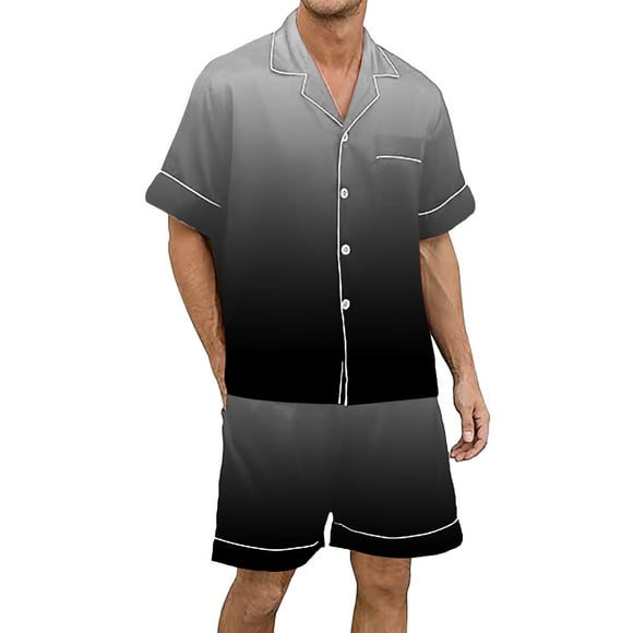GPOECD Pyjama pour Homme Grande Taille Dégradé Multicolore Imprimé en Satin de Soie à Manches Courtes Boutonné Ensemble de Détente pour Homme Gris,P