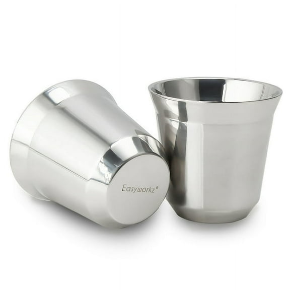 Easyworkz Stainless Steel Espresso Cup 2pcs-Set Double Wall Insulated Demitasse Cups, 2.5 oz Chrome