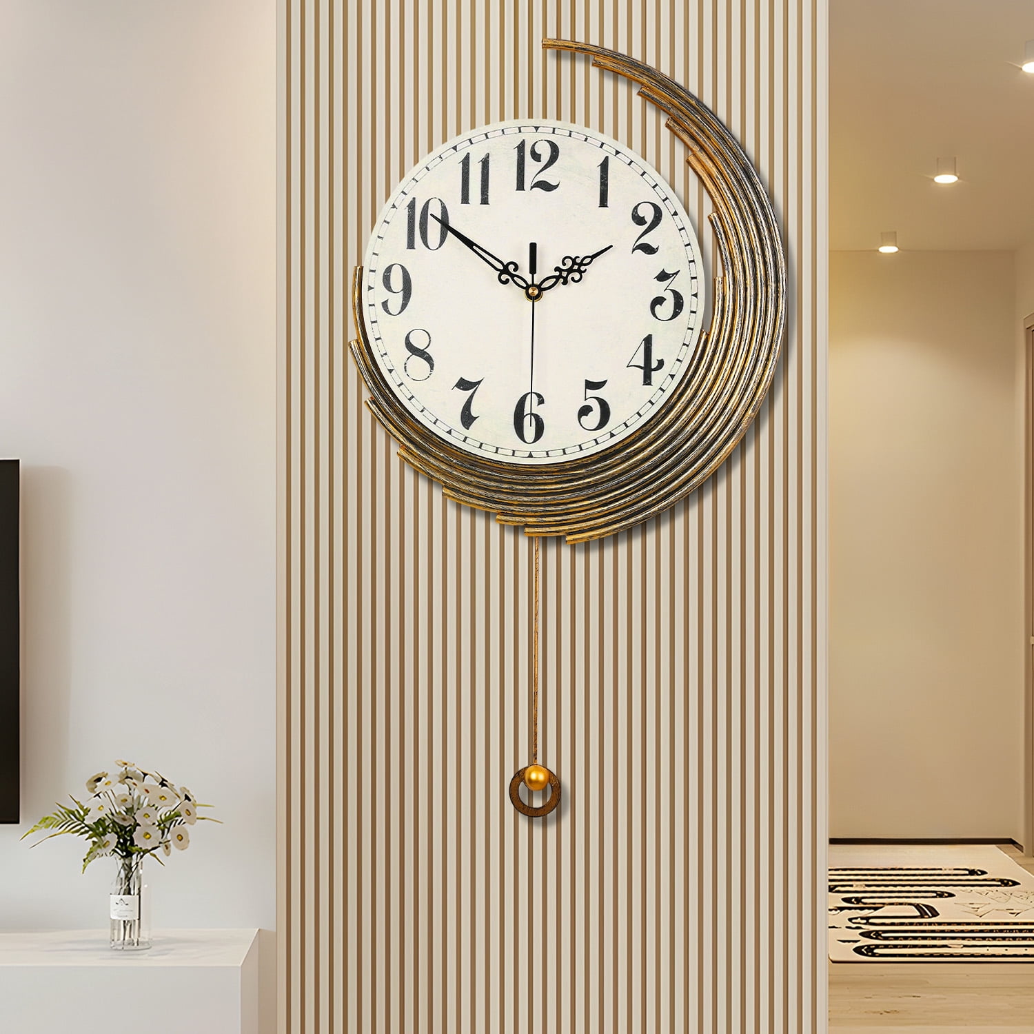 Crescent-Shaped Vintage Distressed Luxury Wall Clock – Retro Pendulum Decorative Clock