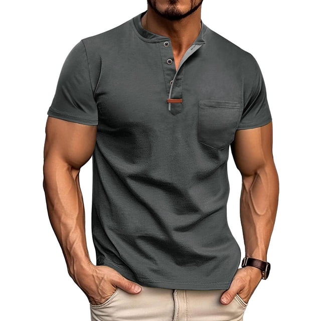 Blusa y camisa de manga corta con cuello vuelto para hombre, color liso, informal, a la moda, con abertura y cierre de medio botón, bolsillo de solapa, blusa de manga corta para hombre, blusa de polié