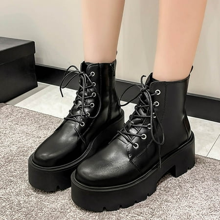 

ZMHEGW Women Boots Autumn And Winter Ankle Thick Sole Middle Heel Round Toe Solid Color Lace Up Comtable Boots Shoes