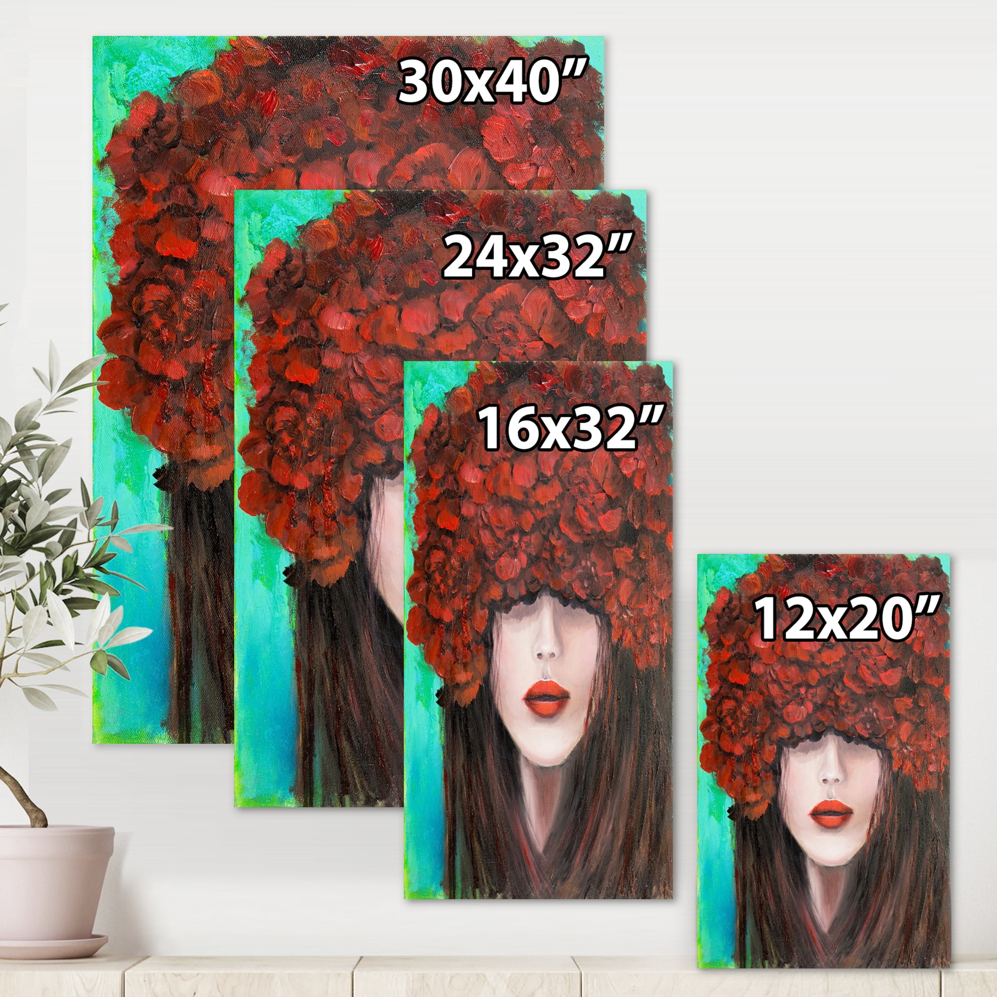 Designart ' Portrait Of A Young Lady With Red Flowers ' Modern Canvas Wall Art Print