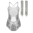 thumbnail image 2 of Xnihocha Women Sleeveless Fringe Latin Dance Leotard with Sequin Long Gloves Cha Cha Salsa Dancewear Silver XL, 2 of 5