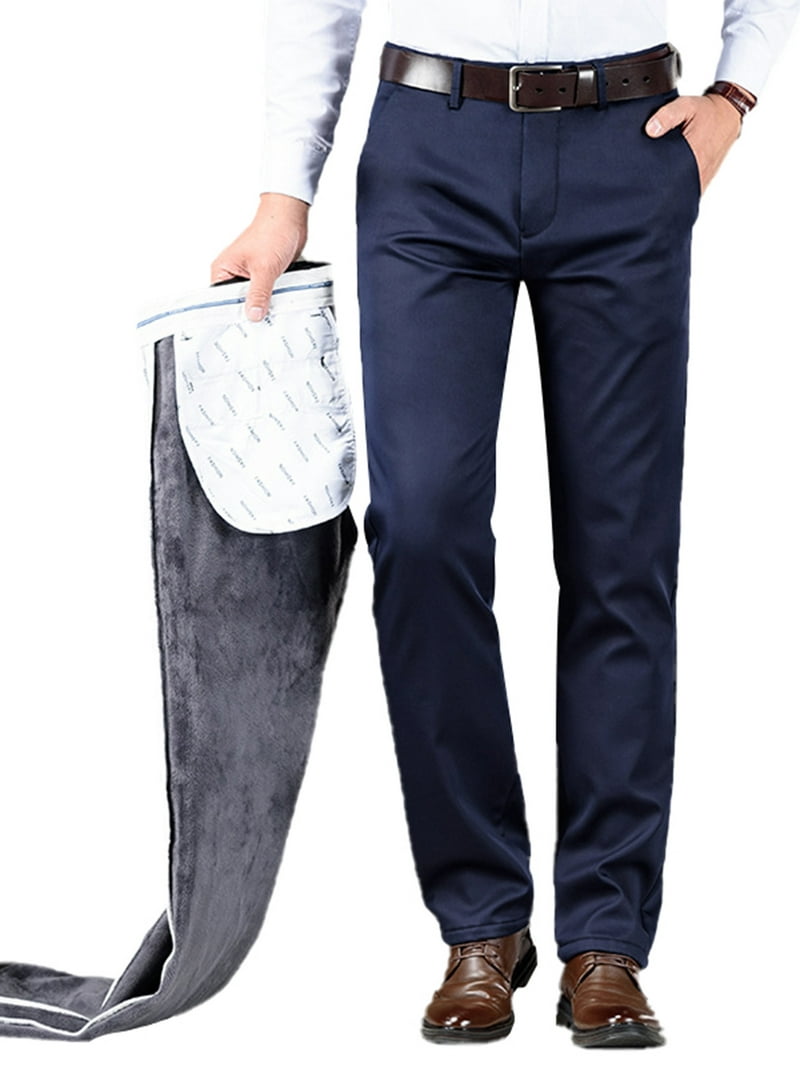 Men Thermal Plain Front Dress Pants Classic Winter Fleece Lined Insulated  Pants for Travelling Golf Business