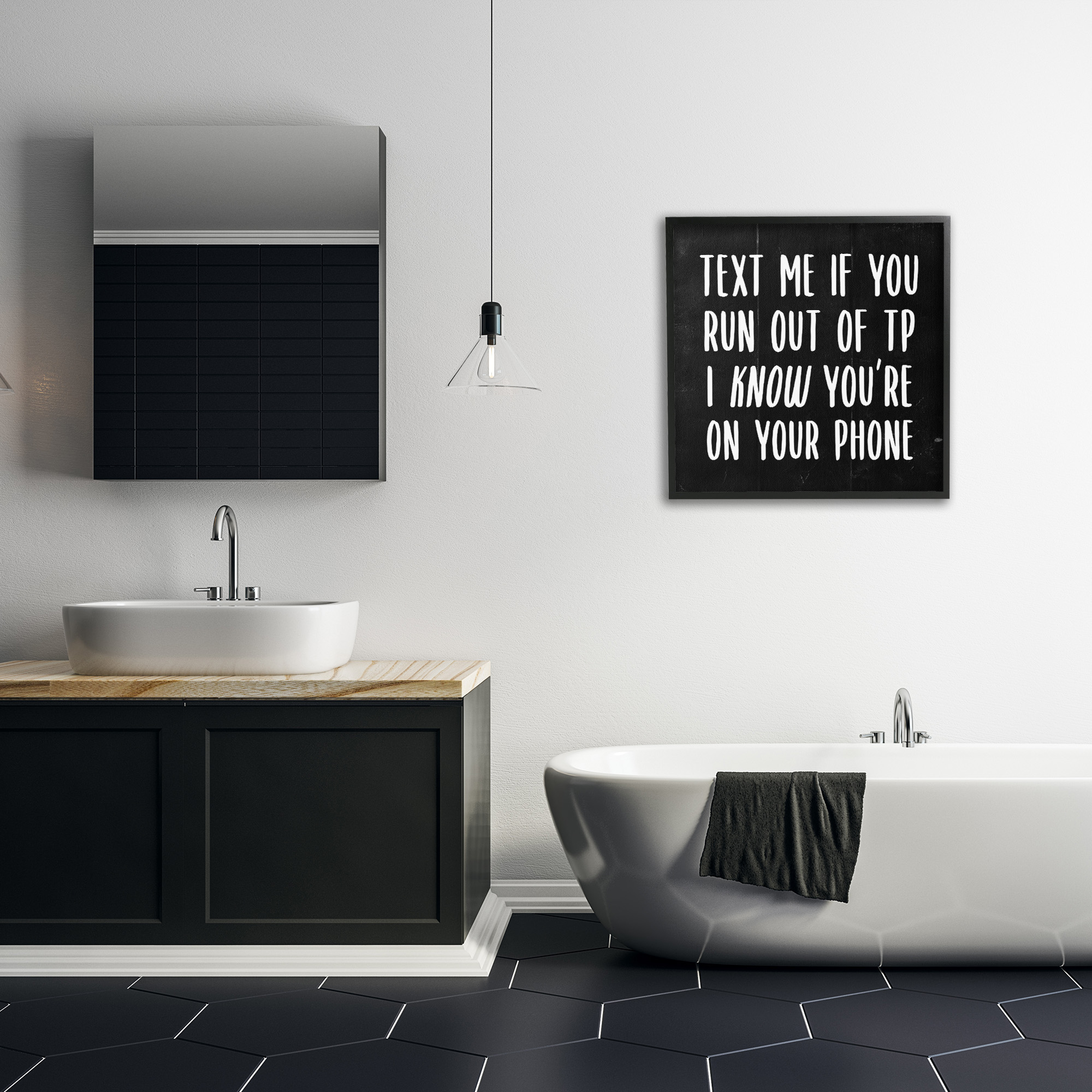 Stupell Industries Text Me For TP Funny Bathroom Typography Painting Black Framed Art Print Wall Art, 24 x 24