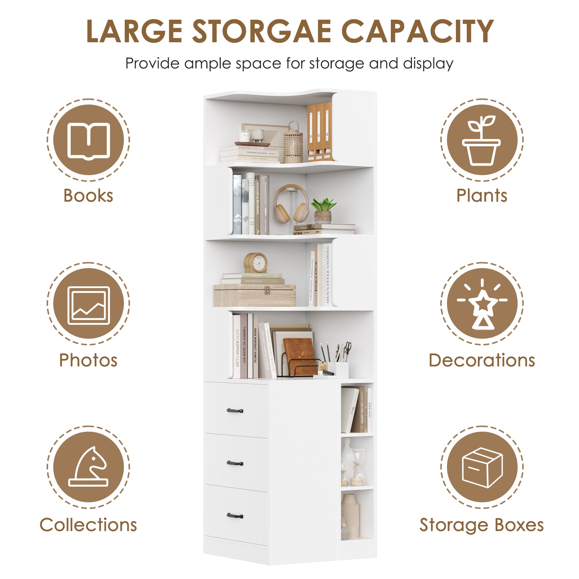 Hiphuta 77"Tall L-Shaped Corner Bookshelf with Drawers and Side Storage, Modern Wood Bookcase with 4-Tier Display Shelves Storage Cabinet for Living Room Home Office , White