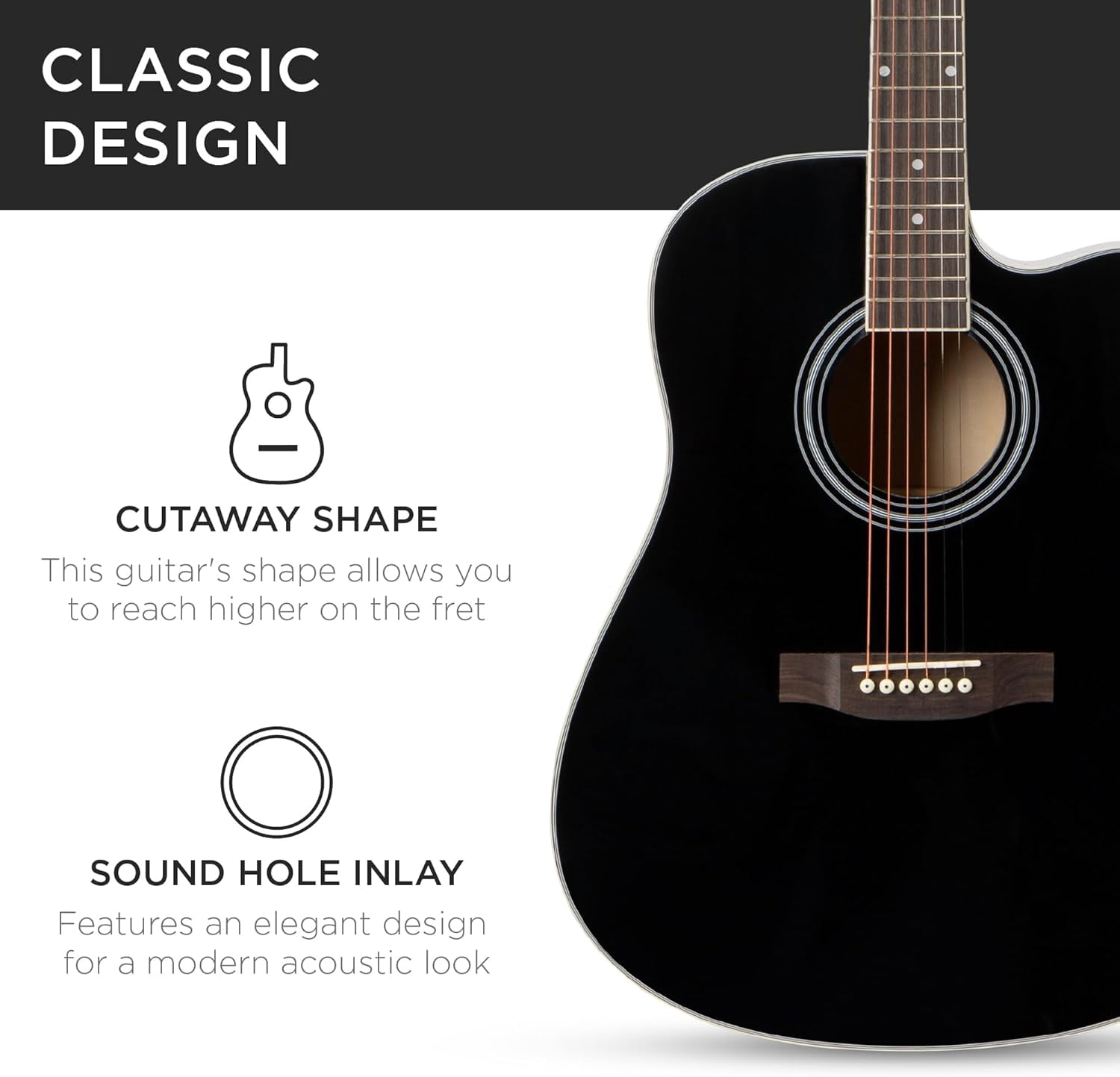 HarmonyStrings 41in Beginner Acoustic Guitar Full Size All Wood Cutaway Guitar Starter Set w/Case, Strap, Capo, Strings Black