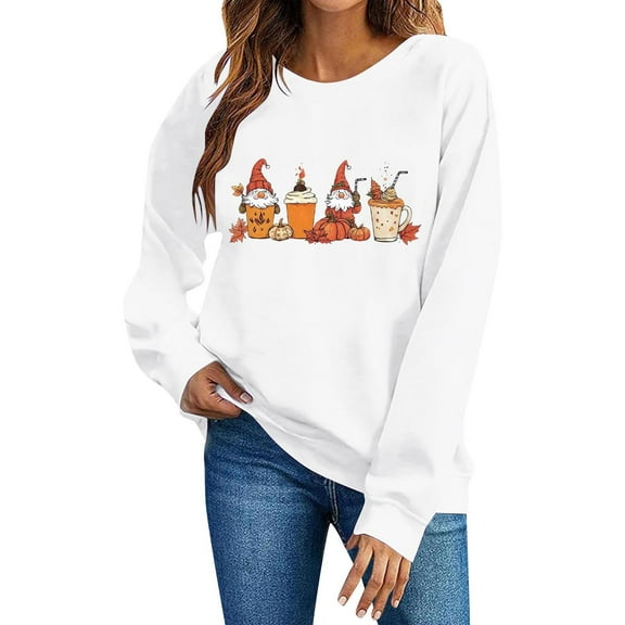 SYMOID Womens White 100% Cotton Loose Crew Neck Sweatshirt - Playful Autumn Gnome Pumpkin Graphic Fall Festive Top for Hall-oween Thanksgiving Daily Casual Wear,Size L