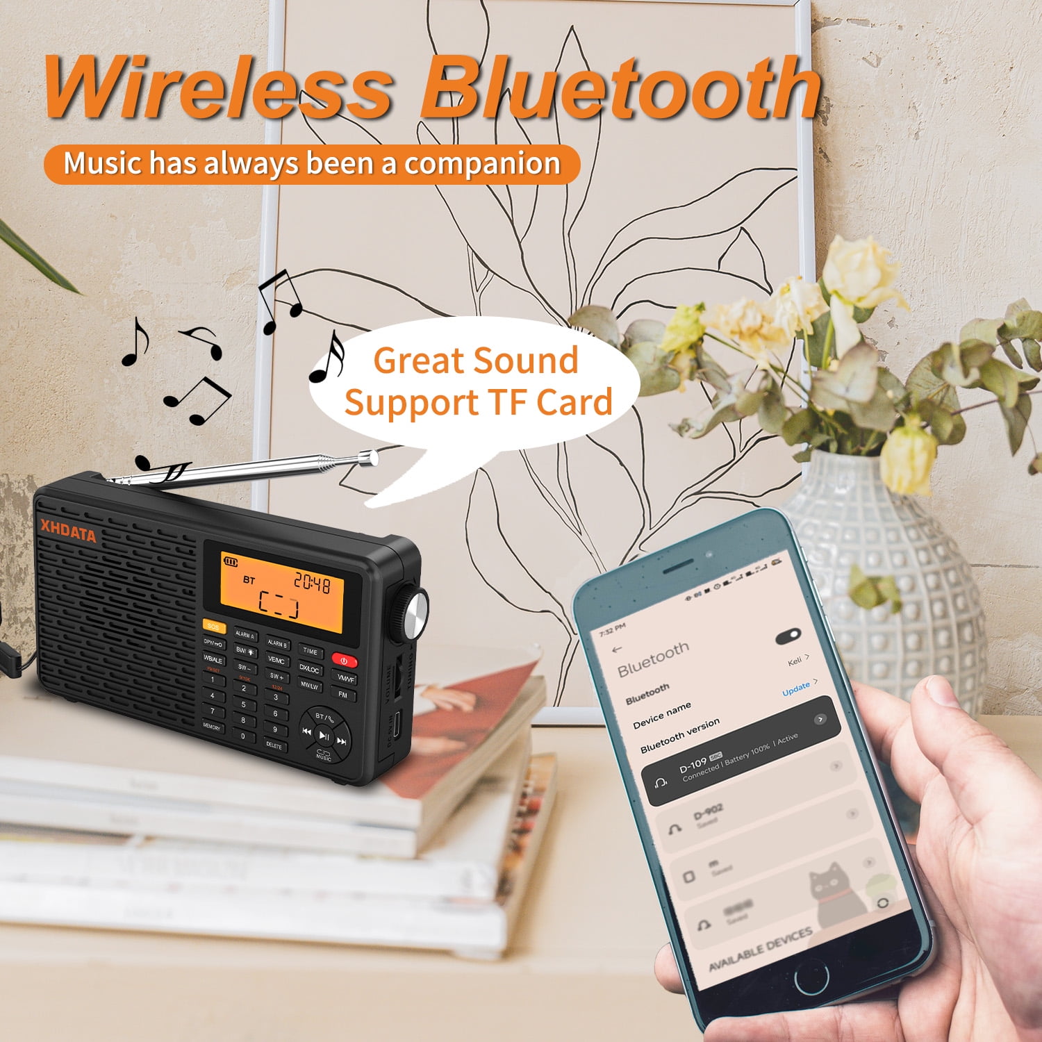 XHDATA d-109wb FM/MW/LW/SW/NOAA Global Band Emergency Radio with  Bluetooth MP3 Music player,TF card, LCD Backlight,SOS