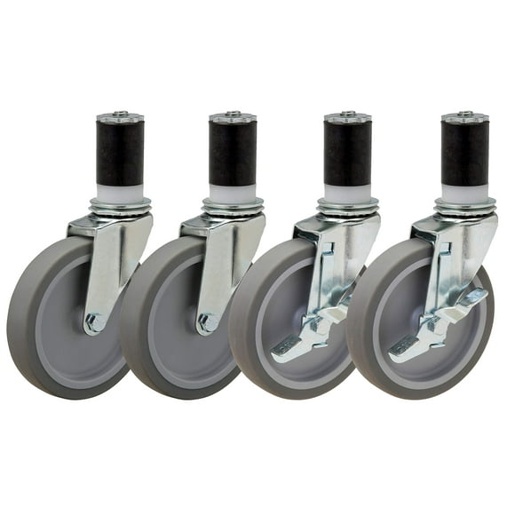 4" Caster Set of 4 | for Food Prep and Work Table with Thermoplastic Rubber Wheels: for Tables with 1.5" ID Tubing | 2 Swivel and 2 with Brake