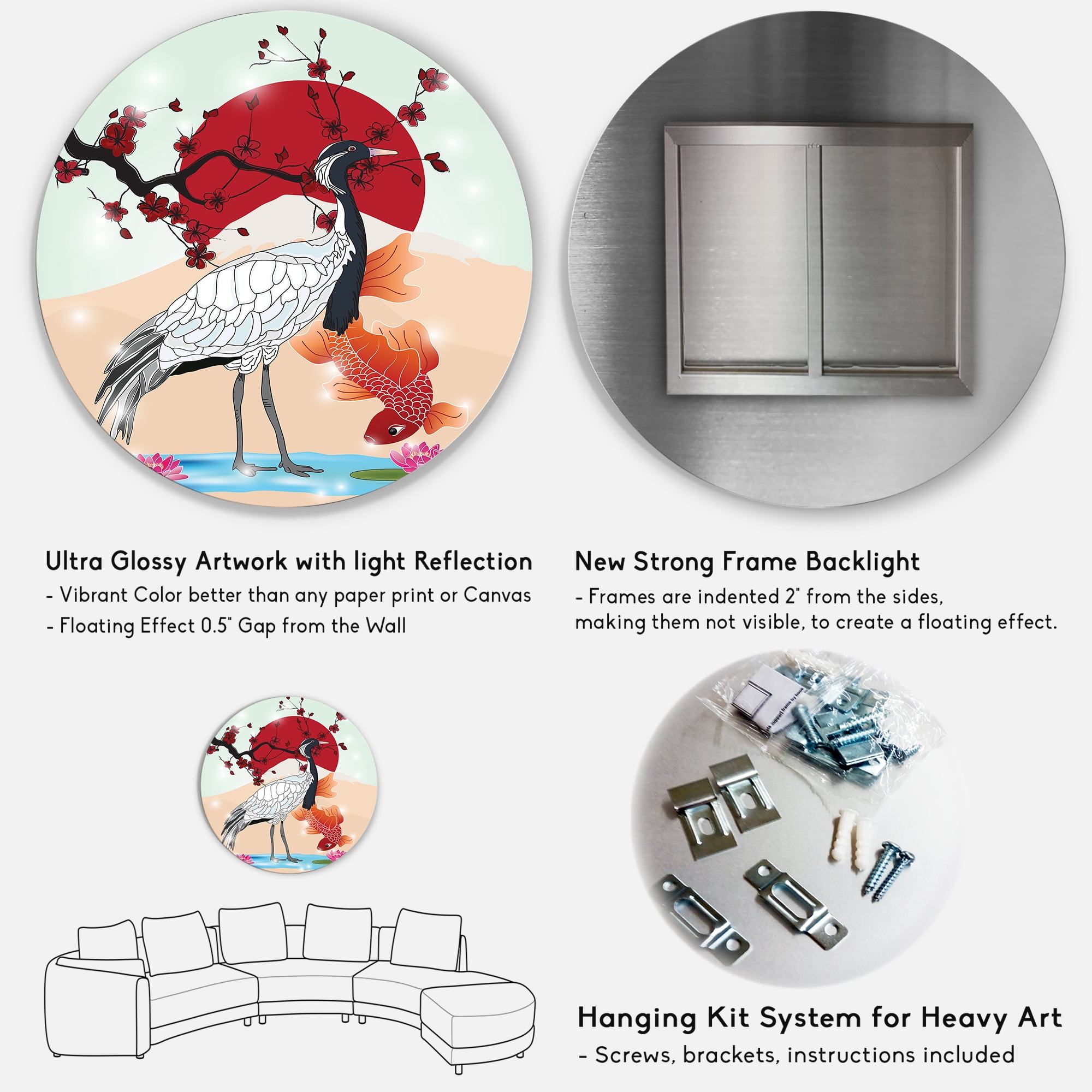 Designart 'Koi Fish With Crane Bird' Farmhouse Circle Metal Wall Art 29x29 - Disc of 29