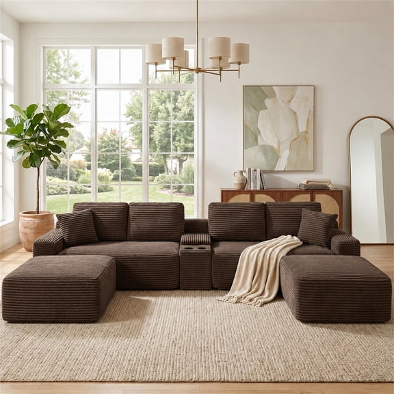 Aukfa 127" U Shaped Cloud Sectional Sofa Modular Boneless Couch with USB&Cupholdes Storage Console for Living Room, Corduroy, Brown