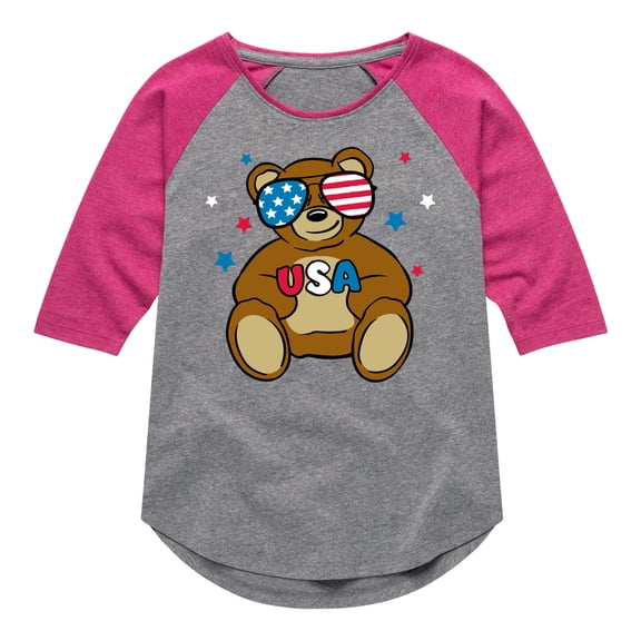 Instant Message - Fourth of July - Cool Teddy America Shades & USA - Toddler & Youth Girls Raglan T-Shirt