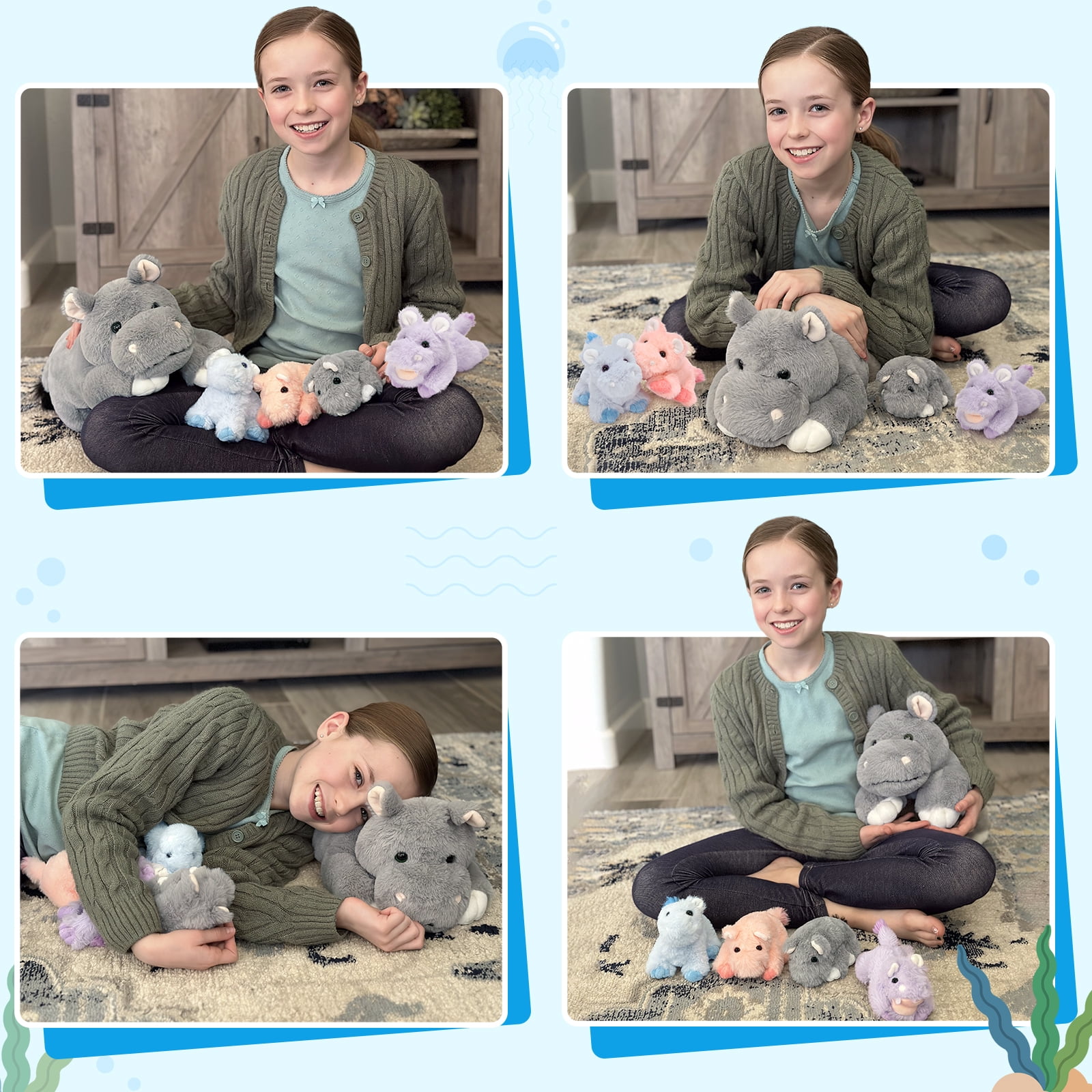 MorisMos 5Pcs Hippo Stuffed Animals Set, 16'' Large Stuffed Hippo Plush with 4 Cute Babies