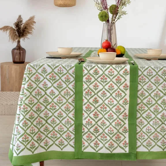 New Era Creation Table Cover And Linen Set,Wedding Decor,Sage Green and WhitenFloral Indian Hand Block Printed Tablecloth with Border Design Gift for Mom