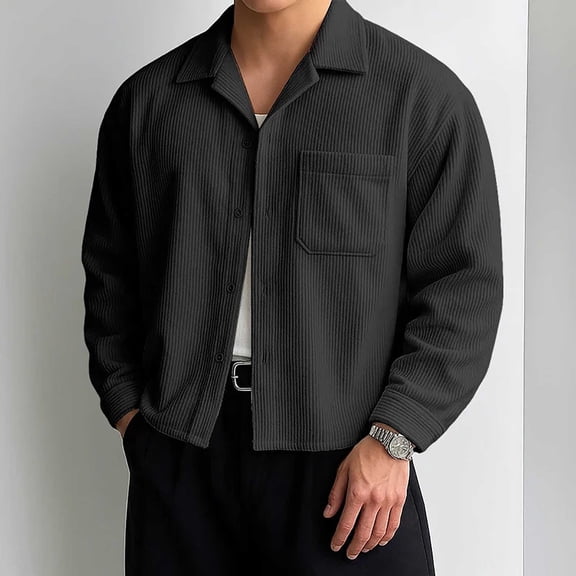 Dolkfu Cropped Mens Shirt Button Down Corduroy Shirt Long Sleeve Pocket Retro Men's T-Shirts L