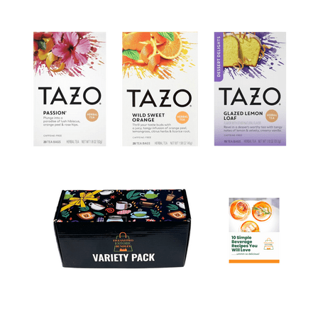 Tazo Passion(20ct),Wild Sweet Orange(20ct),Glazed Lemon Loaf(15ct) Herbal Tea Variety Set in Gift Box with Recipe eBook -55pcs