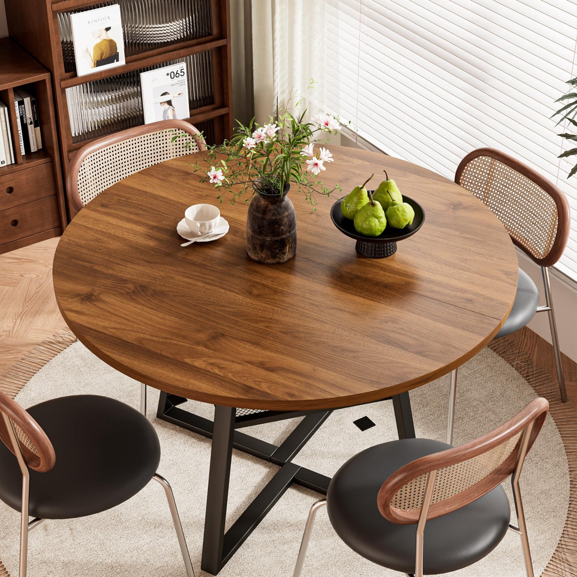 JEJEGORICH 47 in Round Dining Table for 4–6, Space Saving Kitchen Table with Storage, Mid Century Modern Metal Legs, Walnut