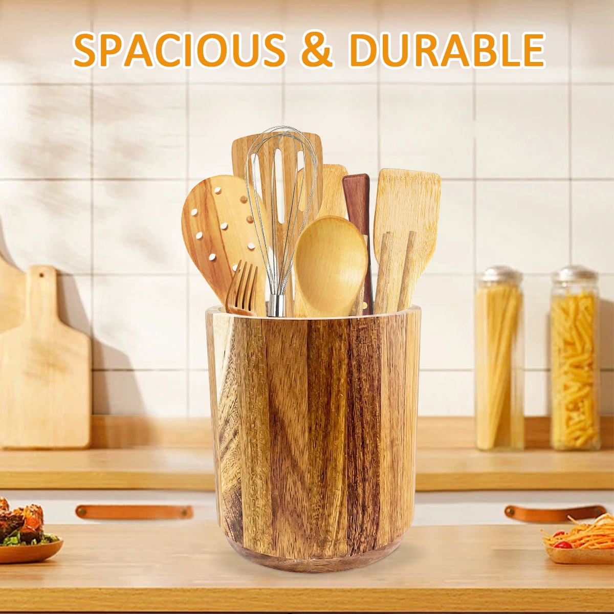 Utensil Holder, 360° Rotating Acacia Wooden Cooking Utensil Crock Utensil Organizer Farmhouse Decor for Kitchen Counter