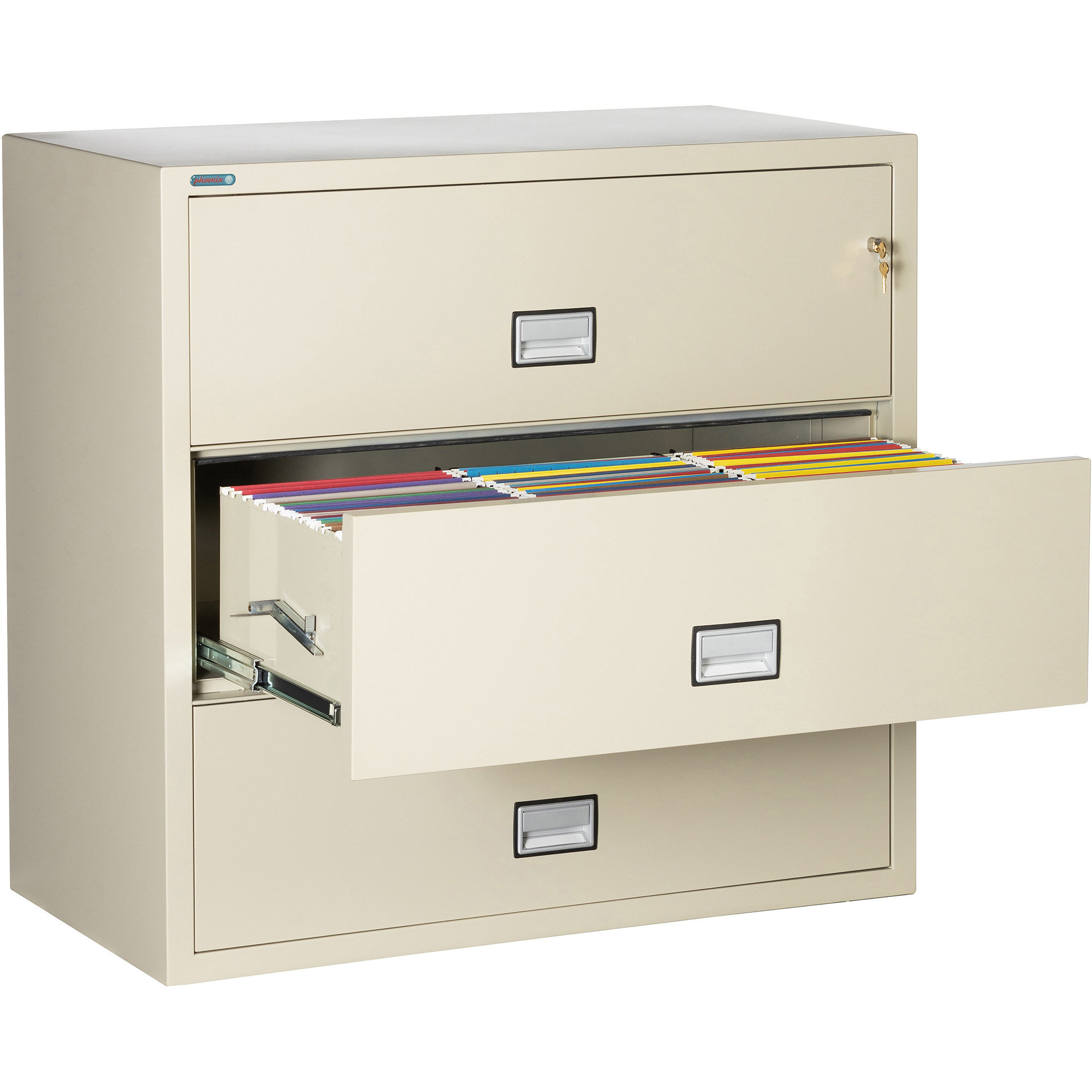 Phoenix Safe Lateral 44 inch 3-Drawer Fireproof File Cabinet with Key Lock, Water Seal, Putty, LAT3W44P