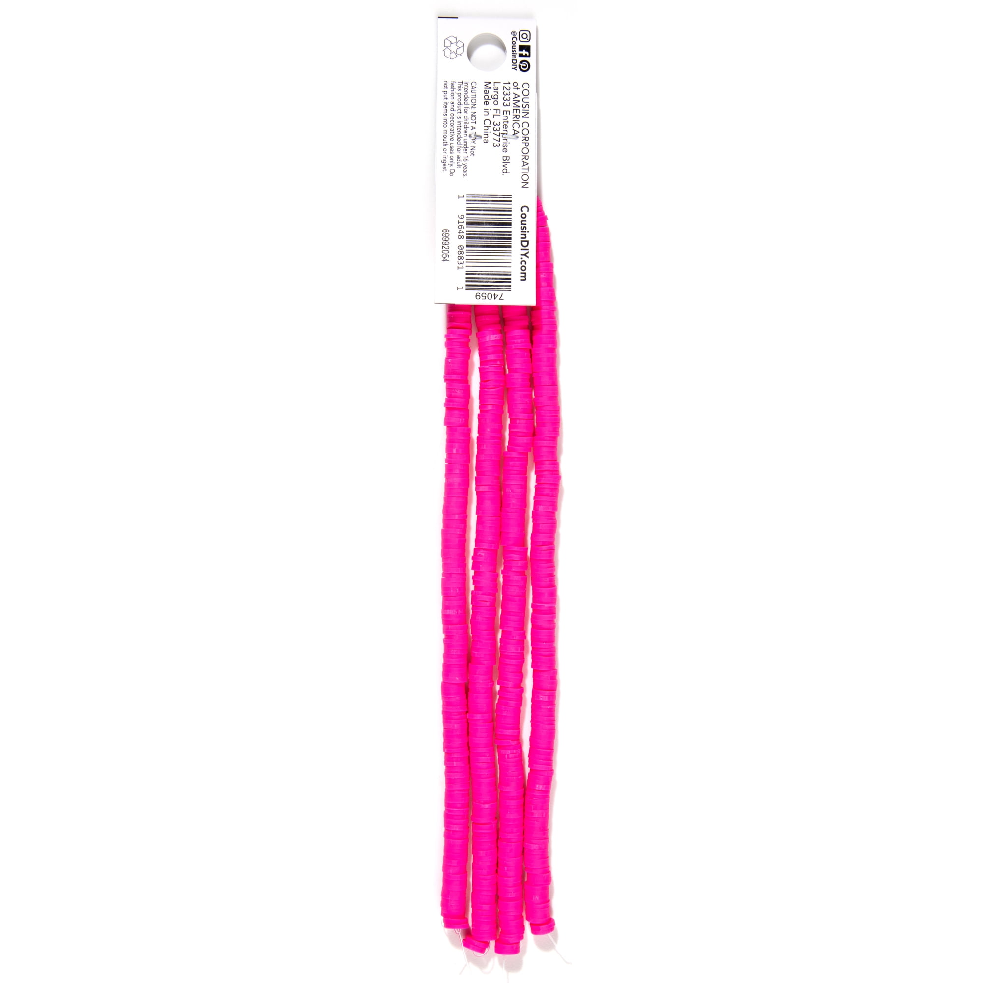 Cousin DIY Acrylic Disc Heishi Beads Strand, 7.5 inch, Pink, 600+ Pc, Bright Pink Unisex Heishi Beads for Adults and Teens