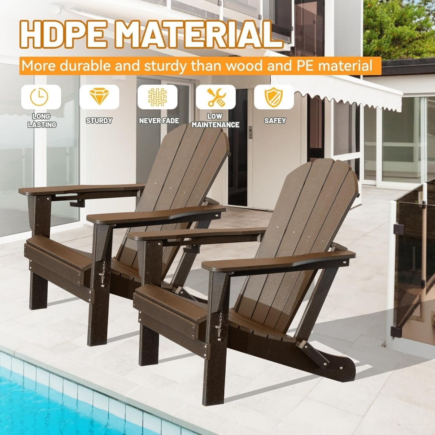 Adirondack Chairs Set of 2, Folding HDPE Outdoor Chairs with Cup Holders, Weather Resistant Patio Chairs with Wood Grain Finish for Lawn, Deck, Fire Pit, Brown