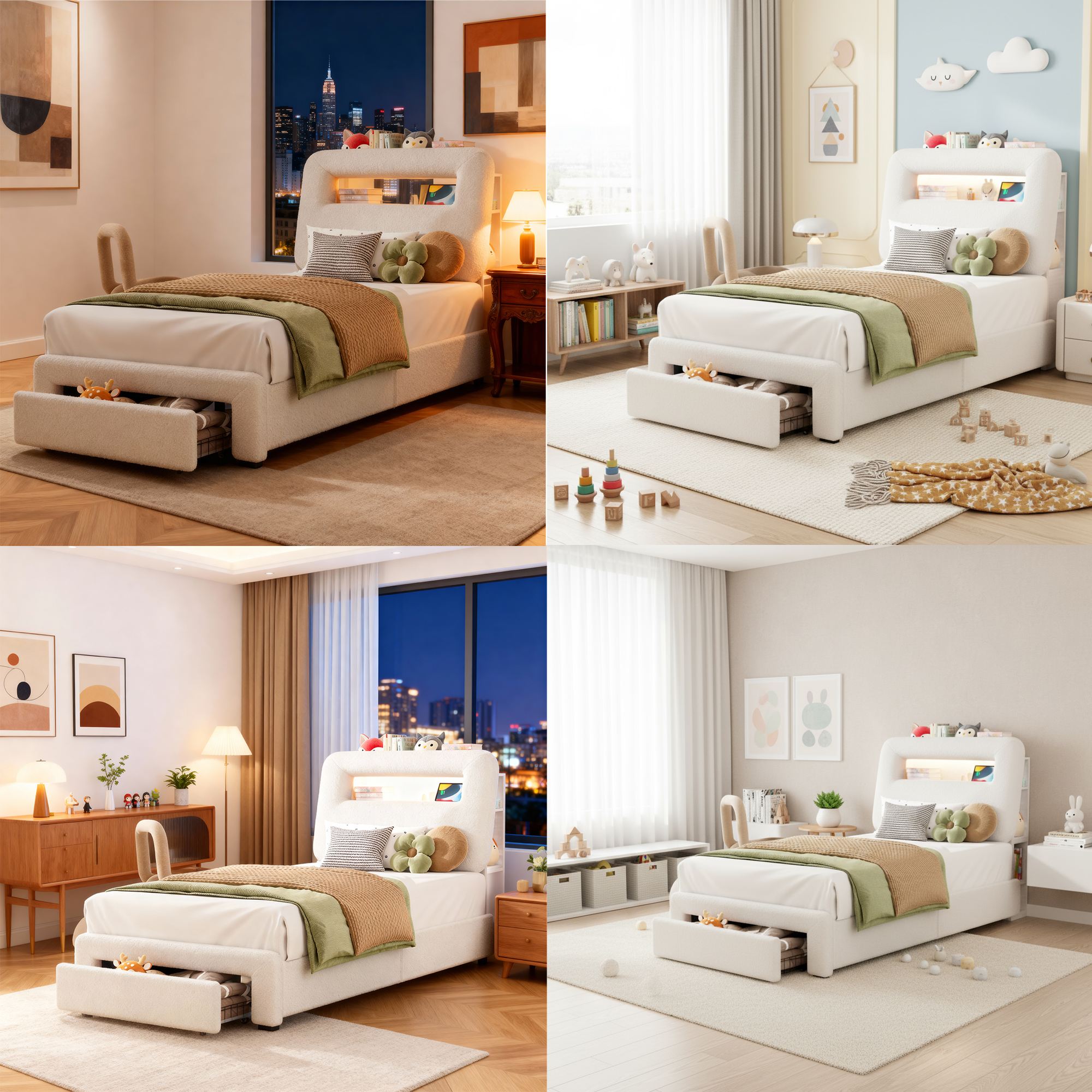 Gewnee Twin Size Bed Frame with Charging Ports & Under-Bed Storage Drawers, Solid Wood Slat Support with Center Leg, Easy Assembly