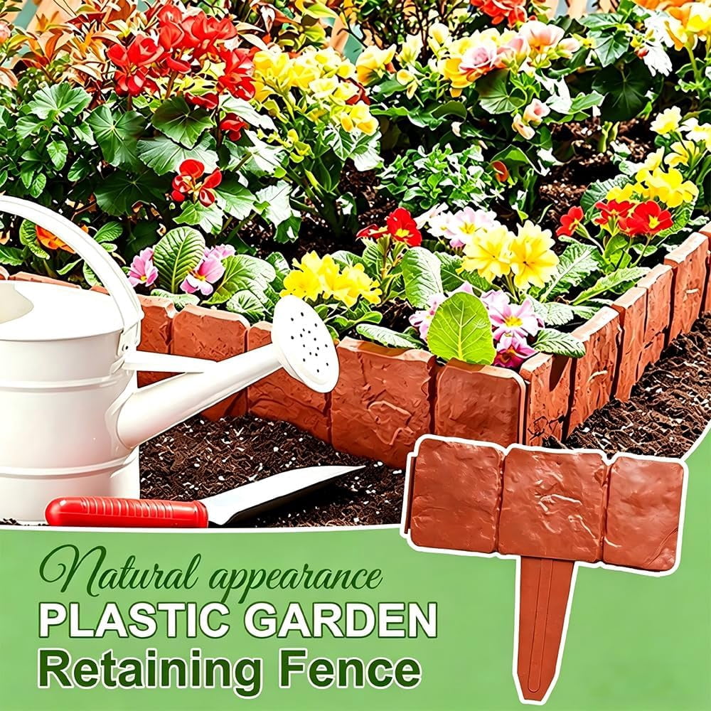 10 Pcs Plastic Garden Edging Border, Stone-Look Interlocking Flower Bed Fence, Weatherproof Lawn Stakes for Yard & Path Landscaping (k)