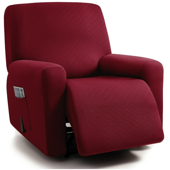 ULTICOR Squared Jacquard Design, 4-Piece, 1 Seat Recliner Cover, Reclining Chair Covers for 1 Cushion Reclining Sofa, Single Seat Recliner Couch Cover, Washable (Recliner Cover, Burgund