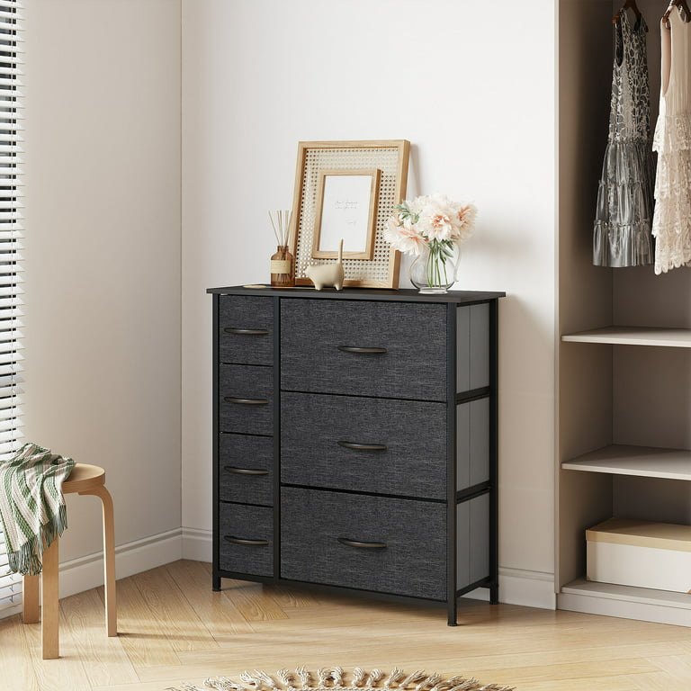 Dextrus 7 Drawers Storage Organizer Wooden Top Shelf for Hallway, Black Grey