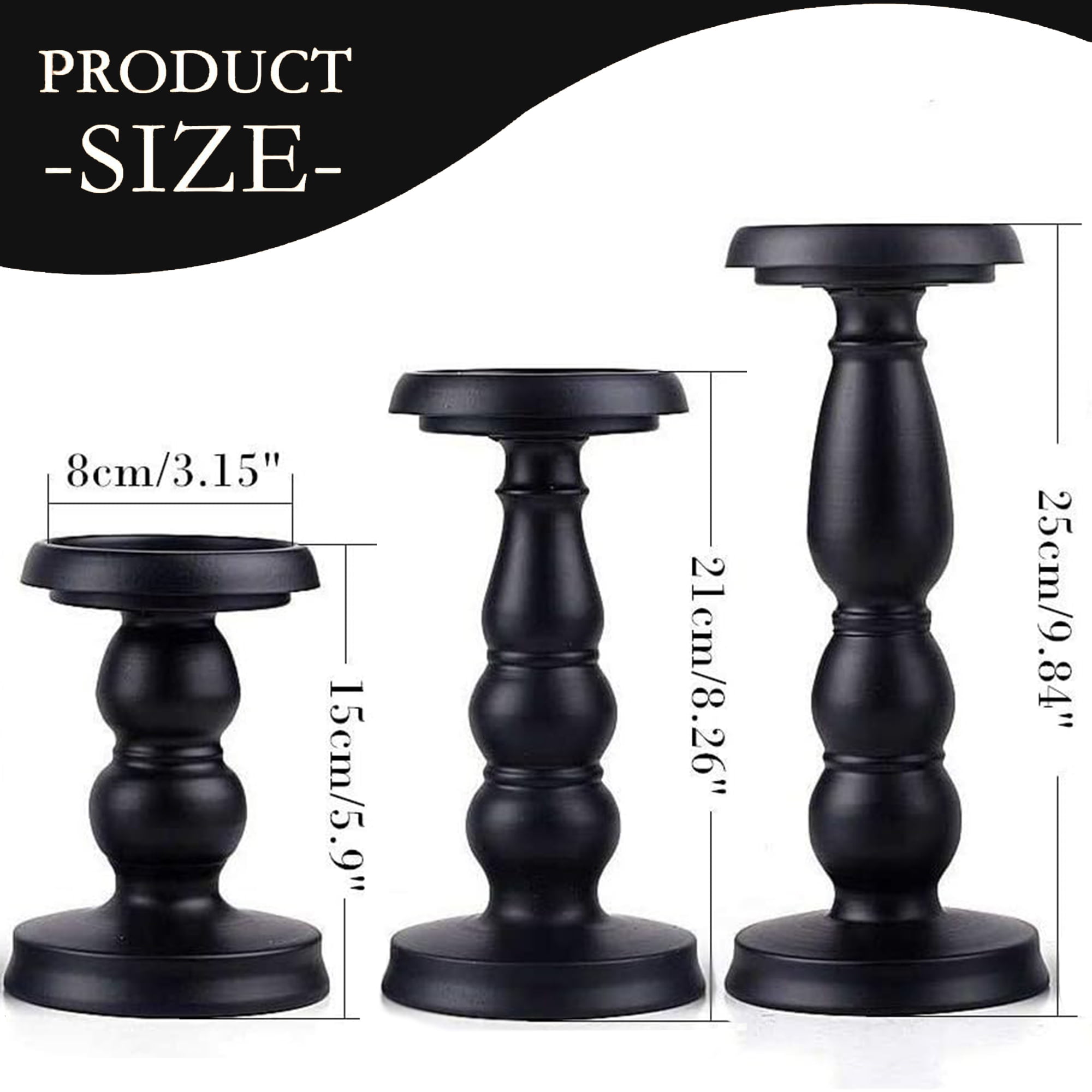 HIDAWN Pillar Candle Holder, 3 Pack Metal Black Retro Candle Stick Holders for Firplace Table Centerpiece Wedding Decoration