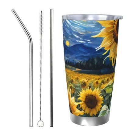 

Fuzoiu Starry Sky Sunflower Print 20oz Tumbler Stainless Steel Vacuum Insulated Car Cup Insulated Coffee Mug Travel Mug with Lid Thermal Cup for Outdoor-Straw Three-piece Set