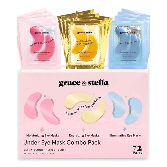 Grace & Stella Under Eye Masks, Hydrating Gel Patches for Dark Circles and Wrinkles, All Skin Types, 72 Pairs Pink,Gold,Blue