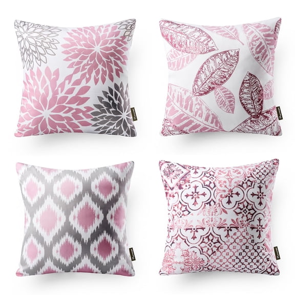 Phantoscope Floral Geometric Outdoor Throw Pillows, Botanical Decorative Accent Pillows with Inserts, Gray and Pink, 18 x 18 in, Set of 4