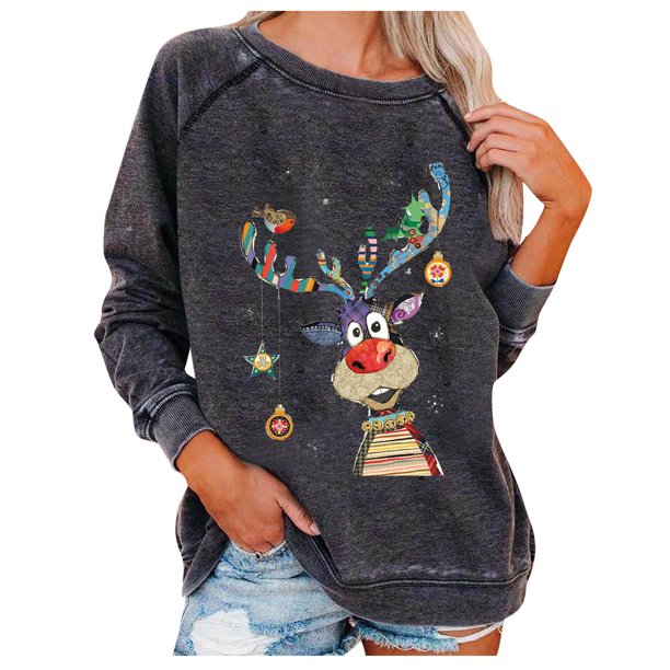 Sudadera de Cuello Redondo de Navidad Para Mujer Tops Transpirables Cómodos de Manga Larga Con Estampado de Moda Odeerbi ODB196059