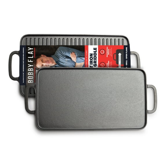 GreenPan Bobby Flay Cast Iron Pre-Seasoned 11” Reversible Double Burner Rectangle Grill/Griddle, Black