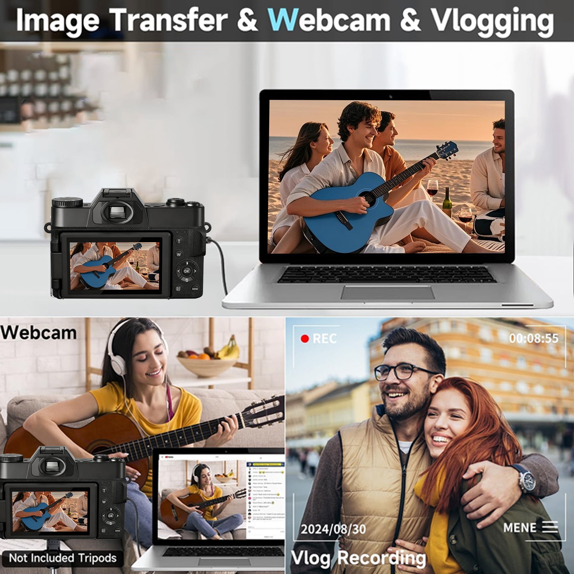 Ourlife 6K Digital Camera 64MP 16X Zoom WiFi, Wide-Angle & Macro Lens Autofocus WiFi Vlogging Camera for Youtube Tiktok Content Creator 64GB Card Black