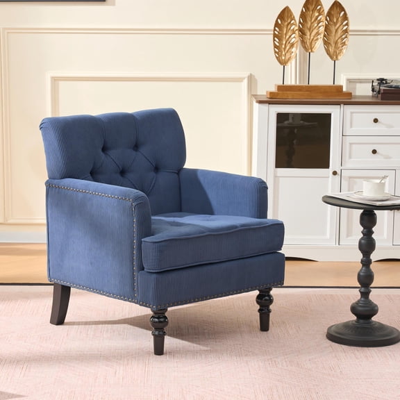 Mid-Century Modern Accent Chair, Blue Linen Upholstered Armchair with Tufted Back & Studded Trim – Comfy Reading Chair for Living Room and Bedroom