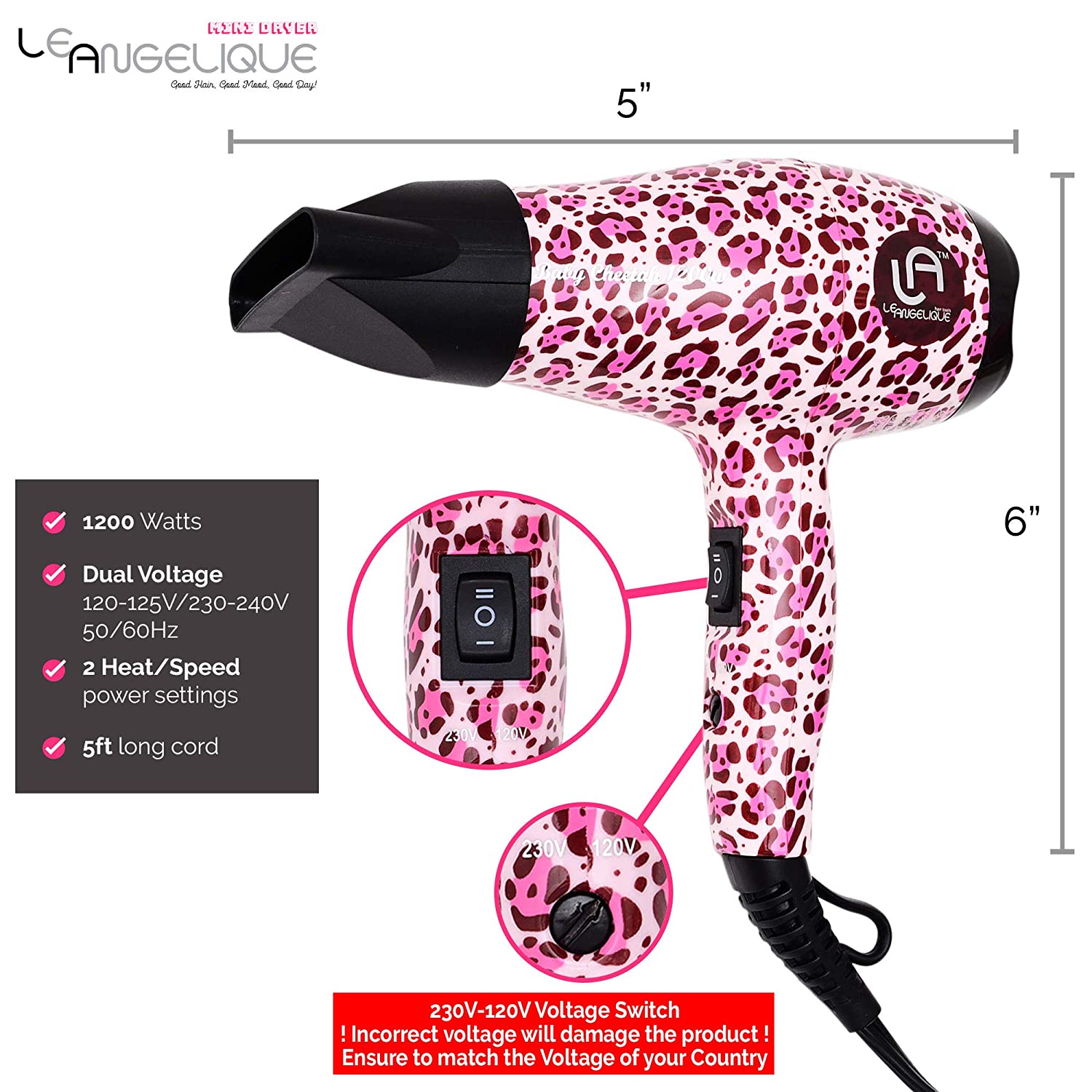 le angelique mini hair blow dryer, pink cheetah