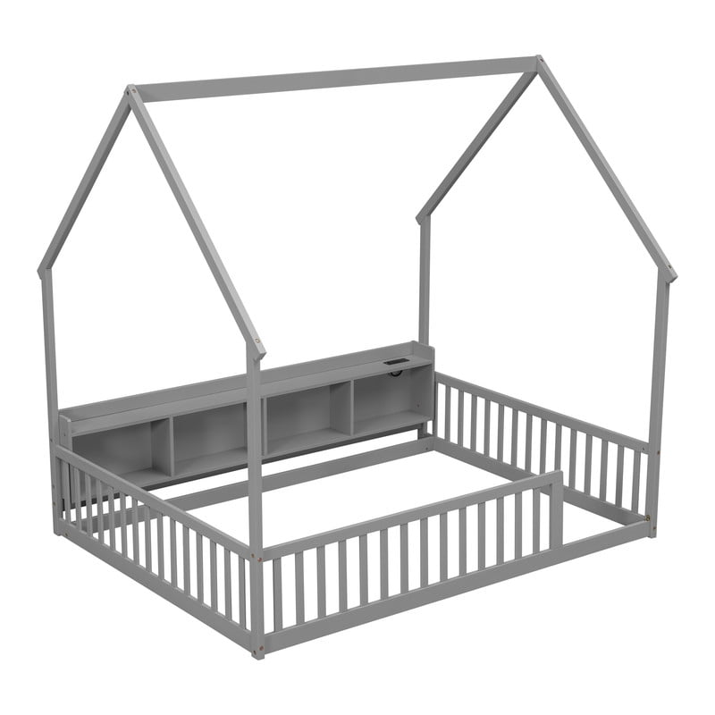 Full Size House-Shaped Canopy Bed with Roof, Wood Kid's Floor Bed Frame with Storage Shelves, LED Lights & Charging Station