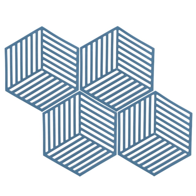 Juego de 4 manteles y posavasos resistentes al calor para comedor y artículos esenciales de cocina: diseño de rayas hexagonales azules