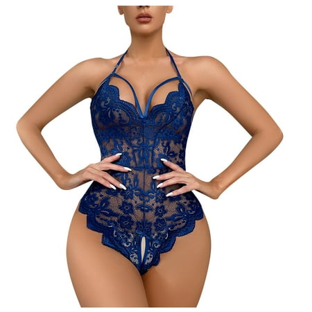 

Knosfe Womens Bodysuit Sexy Halter Crotchless Teddy Lingerie Lace Strappy Babydoll Blue M