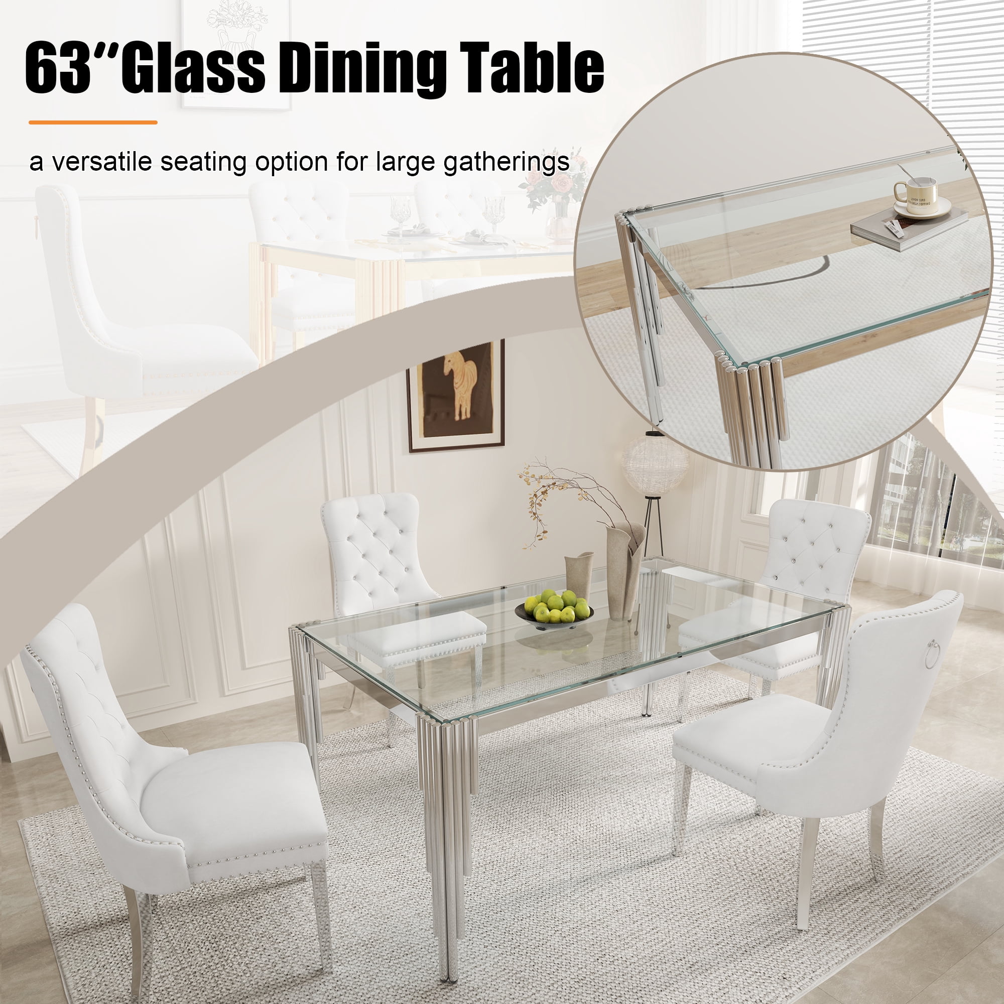 65" Rectangular Clear Tempered Glass Dining Table for 4-6 People, Modern Kitchen Table with Irregular Stainless Steel Legs, Dining Table for Dining Room or Living Room